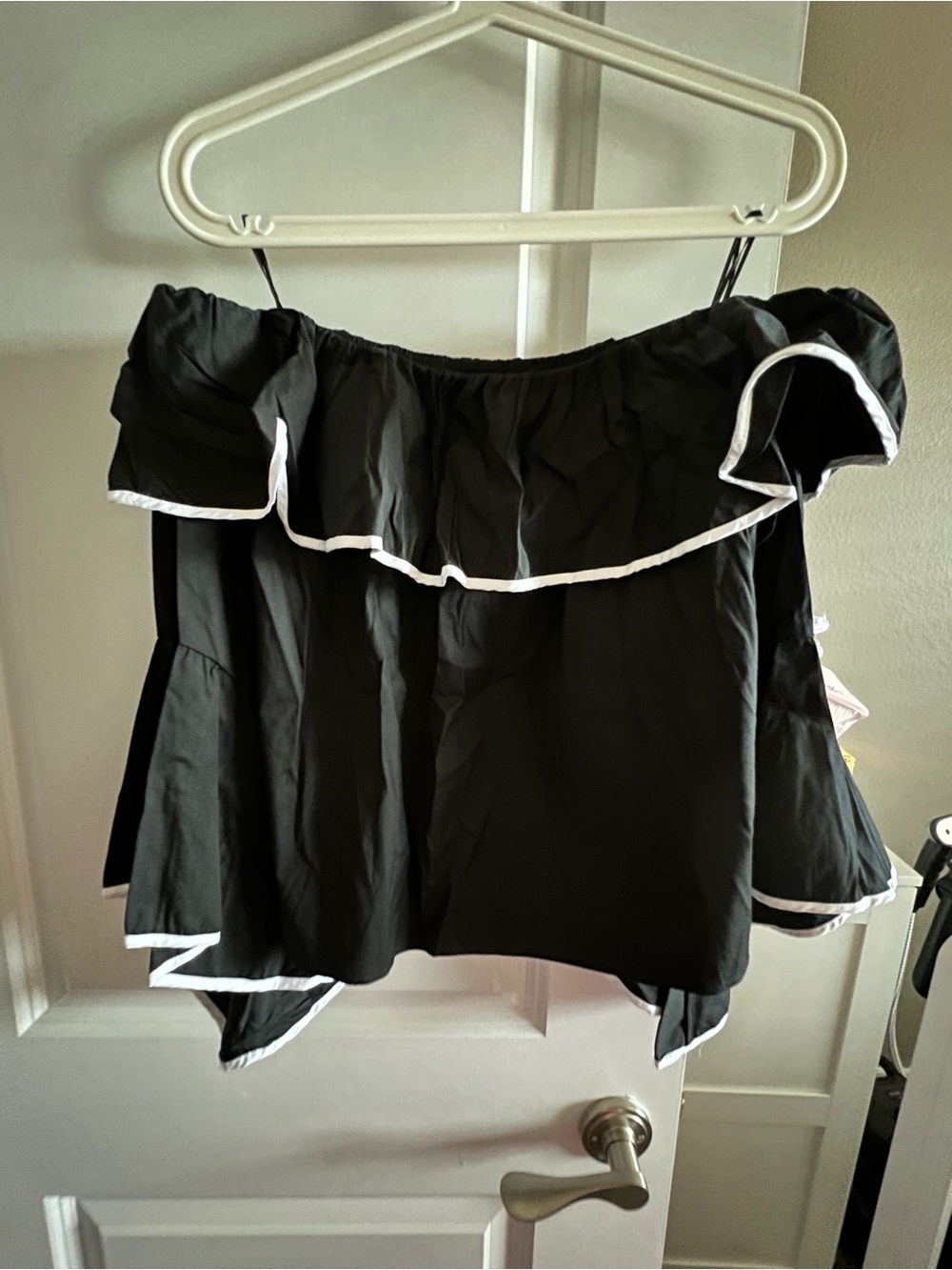 Zara Black Off-Shoulder Ruffle Top with White Trim